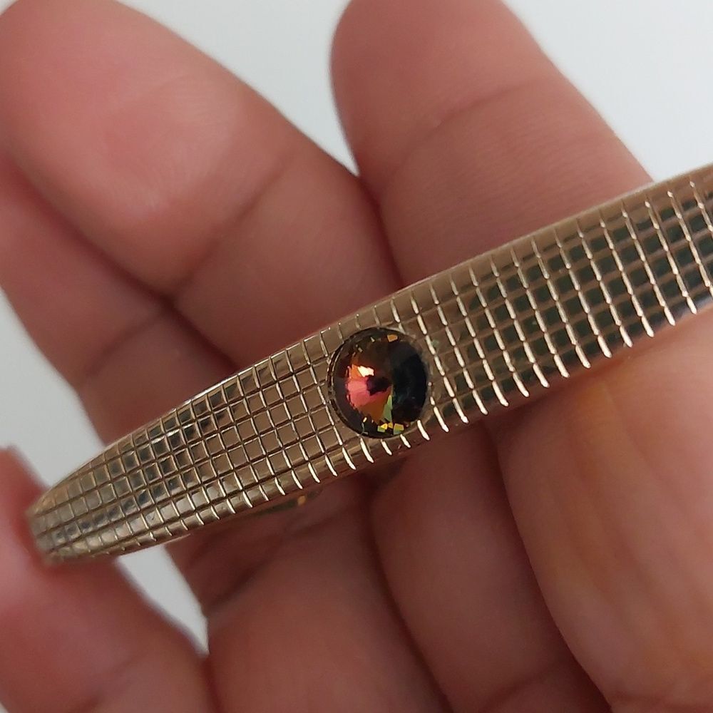 SOLD Pink Yellow Ombre Rivoli Glass Crystal Gold Tone Waffle Texture Tie Clip - Picture 4 of 6